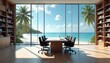 © Vadym - Modern office with conference table, chairs, and laptop faces large window overlooking tropical Caribbean beach. Palm trees sway near calm ocean water under a bright blue sky.