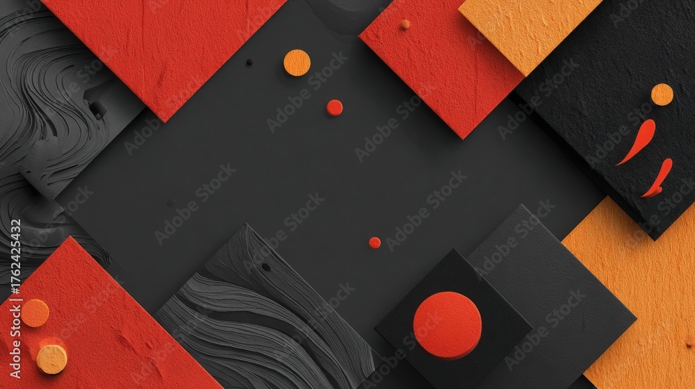 This artwork features an arrangement of various geometric shapes in black, orange, and red. The contrasting colors create a striking visual effect on a dark background, showcasing creativity.
