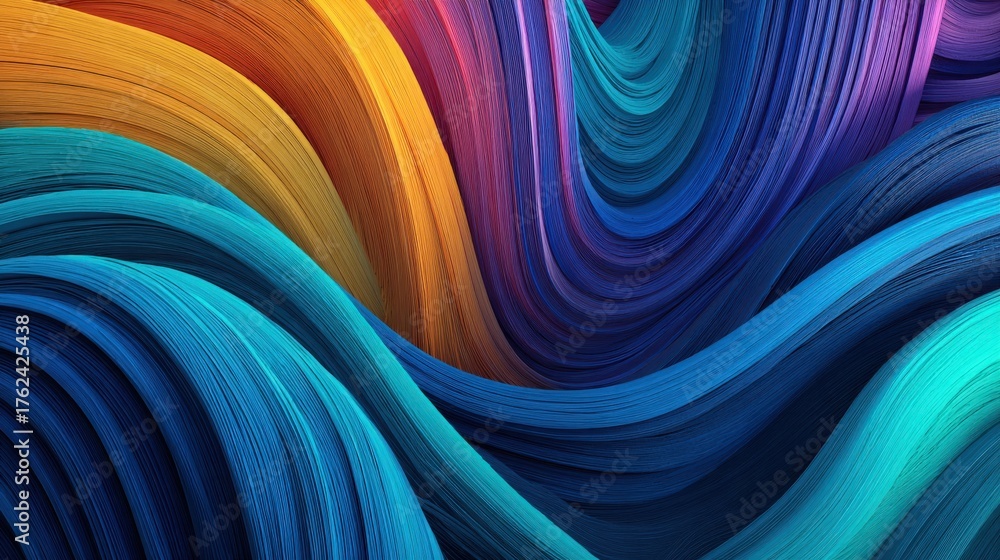 Bright waves of paint blend together in shades of blue, purple, orange, and yellow. The smooth curves and flowing lines create a dynamic and colorful abstract art piece.