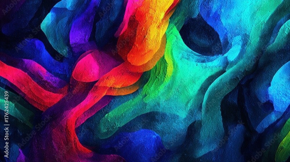 Bright colors blend seamlessly in this abstract design, creating a lively display of curves and shapes. The artwork captures the fluidity and energy of color in an engaging manner.