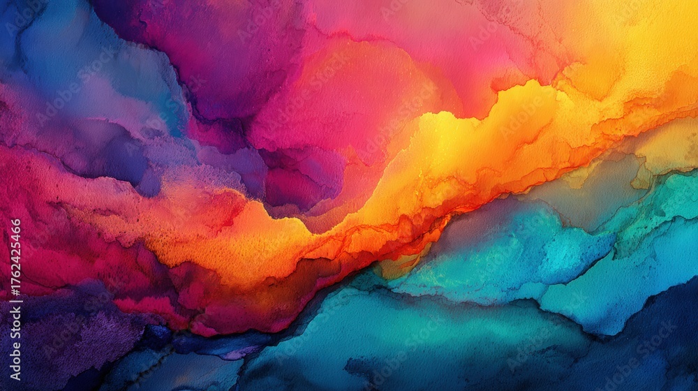 This artwork features a stunning mix of colors including deep blues, vibrant oranges, and warm pinks, creating a fluid, abstract landscape.