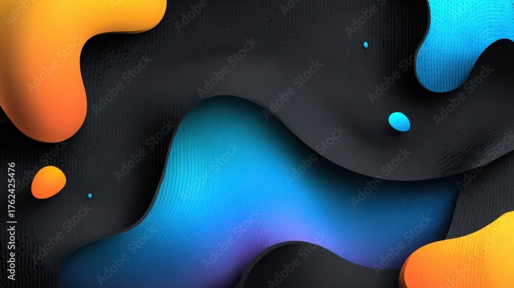 Bright orange, blue, and turquoise shapes flow smoothly across a black surface, creating an abstract and modern visual effect. The design features a blend of curves and color gradients.