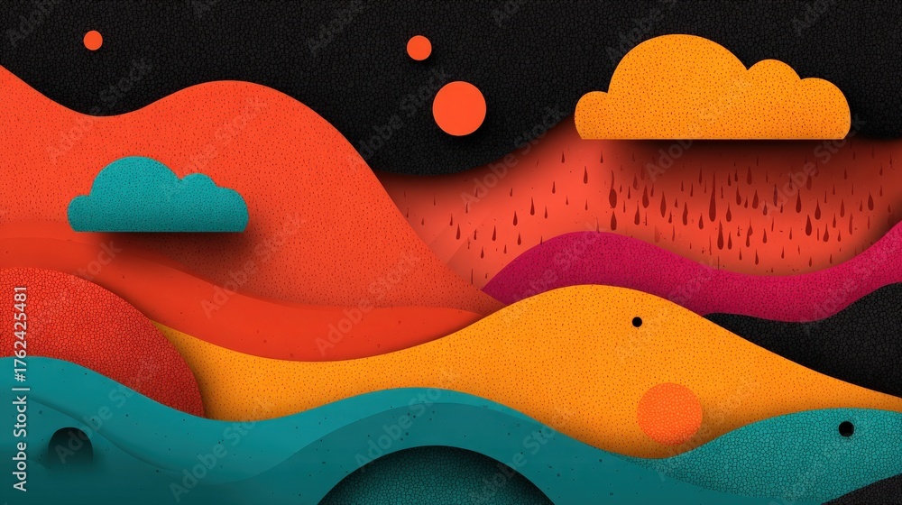 This artwork features a vivid landscape with abstract mountains and clouds.