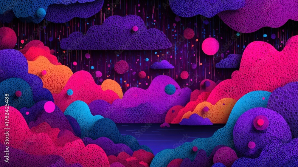 A vibrant landscape filled with colorful clouds in various shades of purple, pink, and blue. Decorative spheres float among the clouds, creating a whimsical atmosphere in a dark sky.