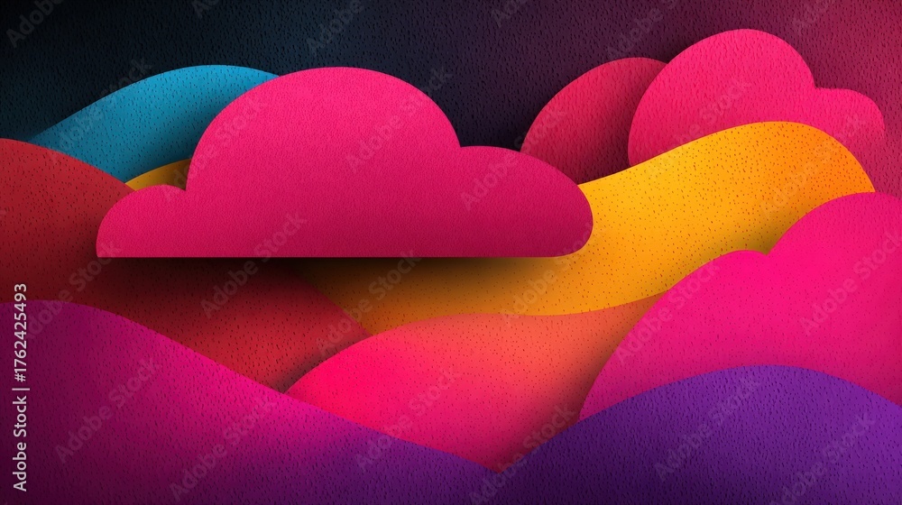 Brightly colored waves in shades of pink, blue, yellow, and purple create an abstract landscape. The clouds are bold and stand out against the flowing scenery, giving a playful feel.