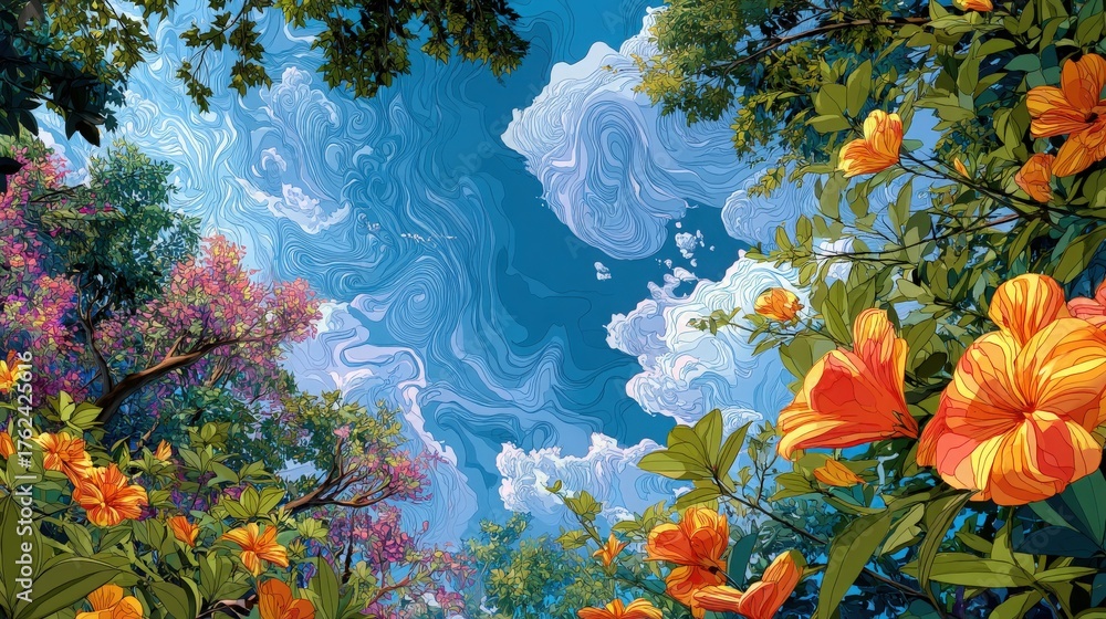 Brightly colored flowers bloom in a lush setting, with a clear blue sky and swirling clouds above. The scene captures natures beauty on a sunny day, inviting a sense of peace and serenity.