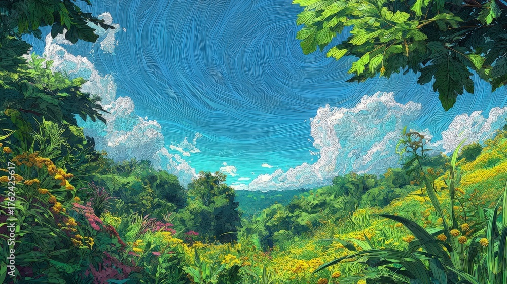 Lush greenery surrounds vibrant wildflowers in various colors, set against a radiant sky with fluffy clouds. The scene captures a peaceful, sunny day in a natural setting.