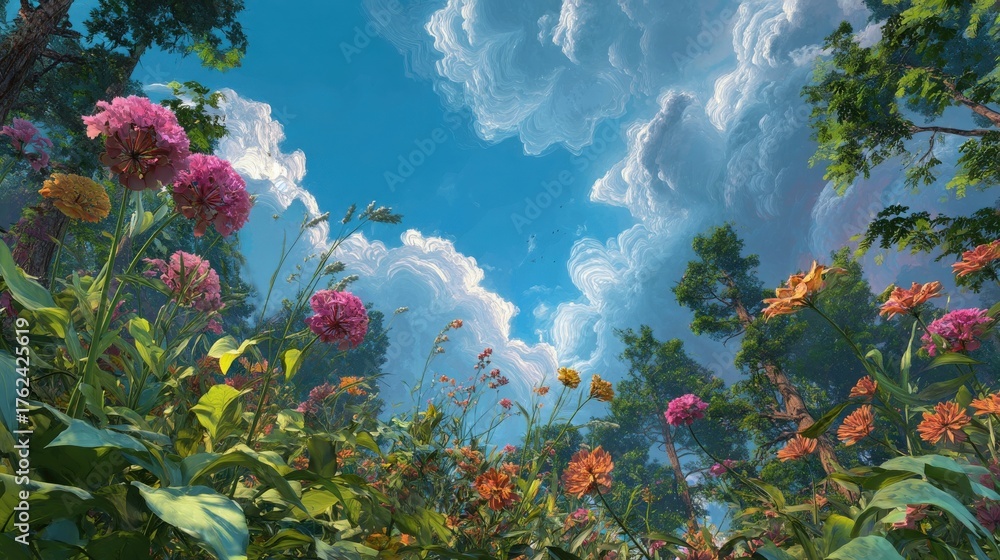 Beautifully blooming flowers in various colors fill the lush green field, framed by trees under a clear blue sky with fluffy clouds. A peaceful scene of natures beauty and tranquility.