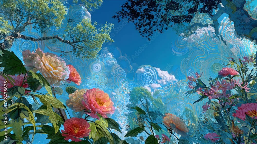 Bright flowers in shades of pink, orange, and yellow bloom lushly in a garden. The sun shines down from a clear blue sky with swirling clouds, creating a cheerful atmosphere.