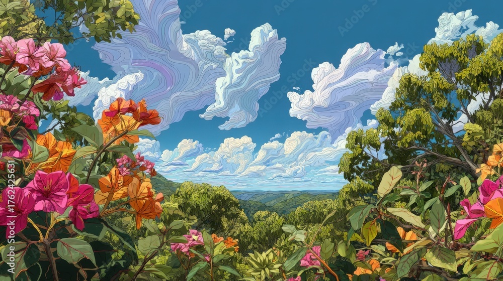 Bright and colorful bougainvillea flowers bloom in the foreground, set against a panoramic mountain view. Fluffy clouds drift in a clear blue sky, adding charm to the scenery.