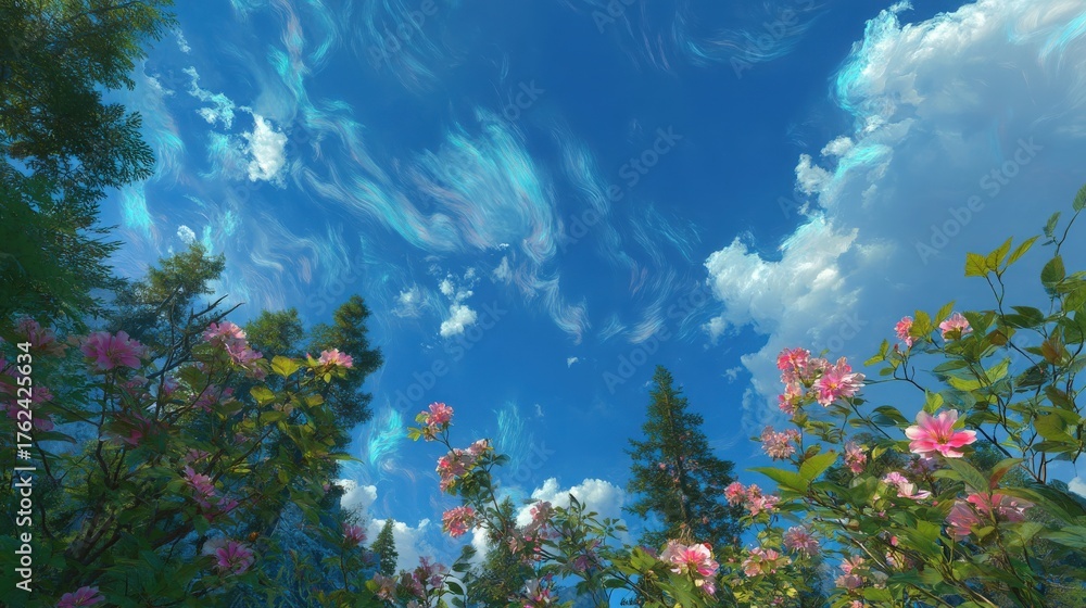 Colorful flowers bloom vibrantly against a bright blue sky filled with clouds. Tall trees stand in the background, creating a calm, peaceful atmosphere in nature during the day.