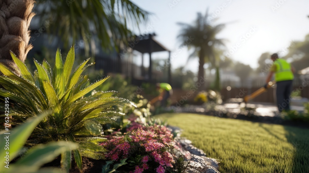 Under bright sunlight, workers are tending to a vibrant garden filled with lush green plants and colorful flowers. The scene shows attention to detail in landscape design and care.