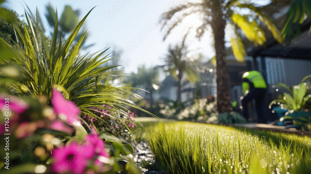 A well-maintained garden features green grass and blooming flowers in bright colors. A landscaper can be seen tending to the plants under the clear blue sky, creating a peaceful atmosphere.
