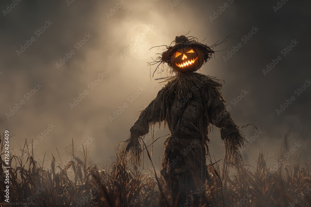 A scarecrow with a glowing pumpkin head looms in a cornfield. The atmosphere is dark and misty, creating a spooky Halloween vibe with shadows and soft moonlight accentuating the scene.