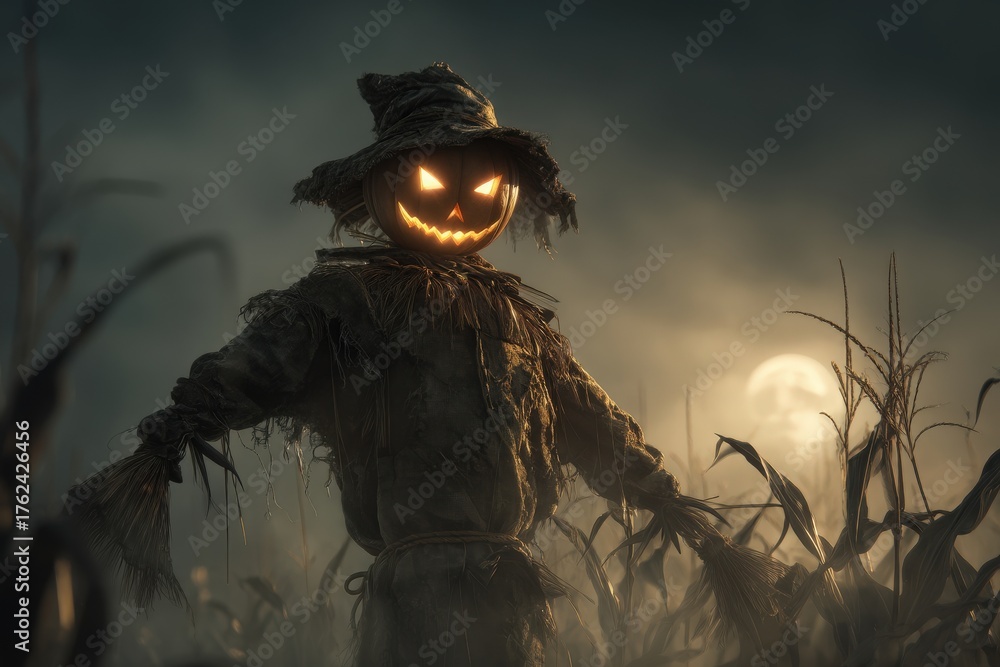 A scarecrow with a carved pumpkin head glows eerily in a dark cornfield. Mist surrounds the tall stalks, and a full moon shines in the background, creating a spooky atmosphere in the night.