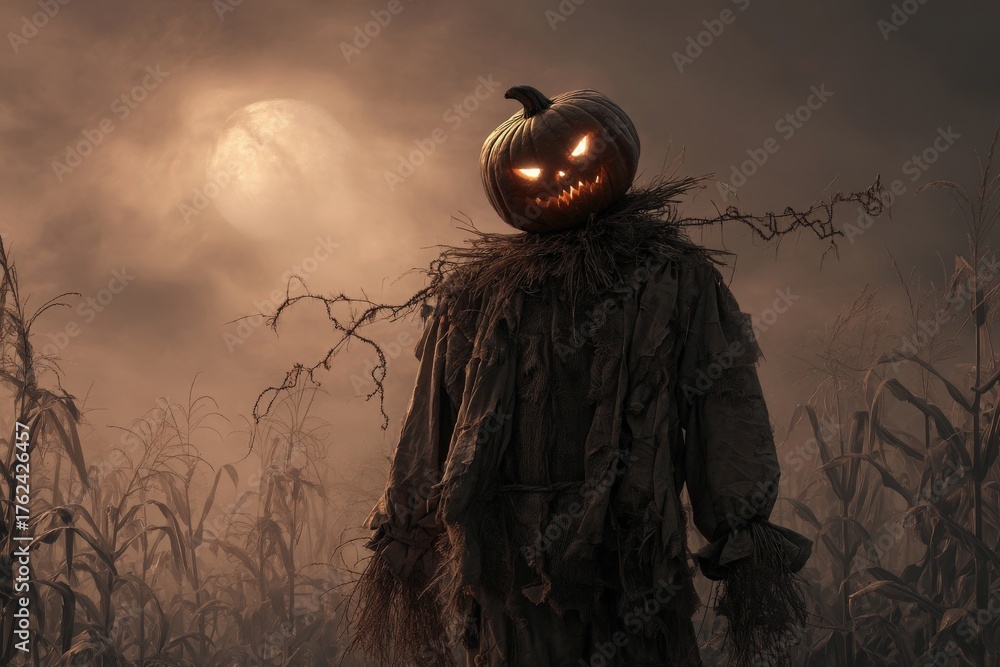 A spooky scarecrow stands in a dark cornfield, topped with a glowing jack-o-lantern head. The full moon casts an eerie light, creating a chilling atmosphere under the misty sky.