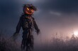 © AiHRG Design - A tall scarecrow with a pumpkin head glows ominously in a misty cornfield. The dark sky adds to the eerie atmosphere as the sun sets, casting shadows among the tall corn stalks.