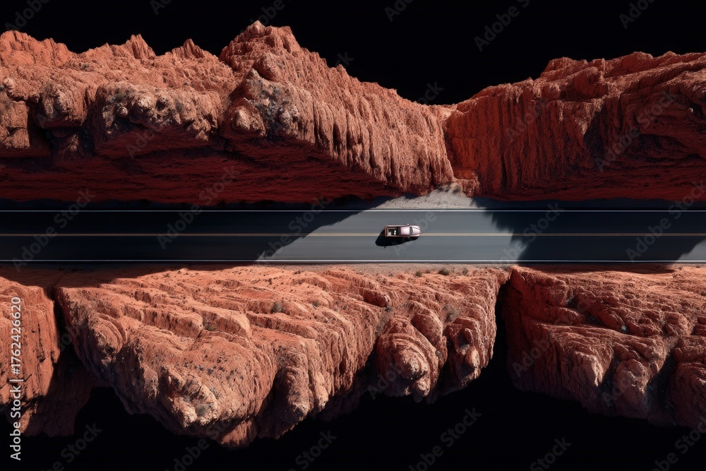 A car travels down a narrow road surrounded by towering, jagged red rocks. The striking landscape creates a dramatic scene with contrasting textures and colors, showcasing natures beauty.