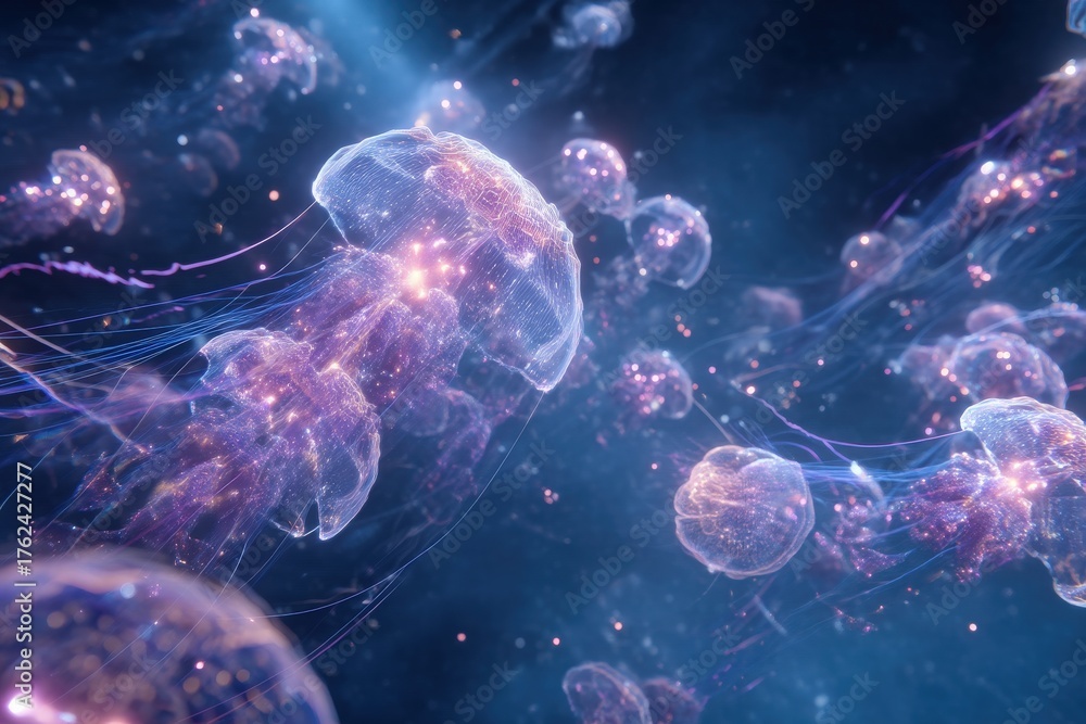 Colorful jellyfish float gracefully in dark waters, illuminated by a soft blue glow. Their delicate tentacles move fluidly, creating a serene and enchanting underwater scene.