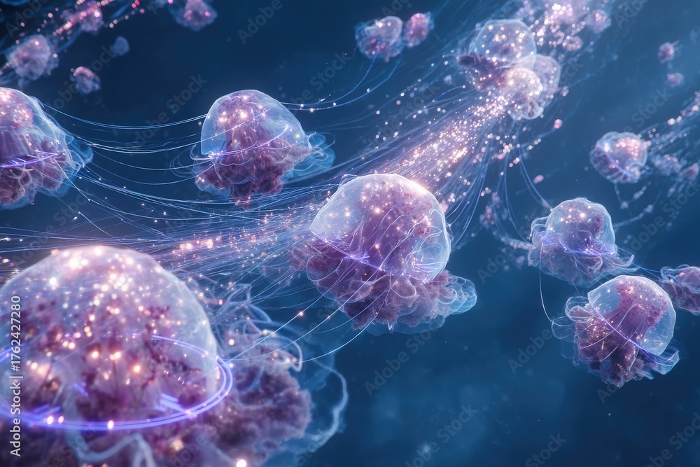 A group of luminous jellyfish moves elegantly through dark ocean waters, their tentacles trailing behind. The scene captures the beauty of marine life illuminated by gentle light.