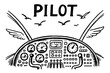 © Olha - Whimsical Cockpit Design. Hand-drawn cockpit with wings, buttons, and birds, center word “Pilot” in black and white isolated