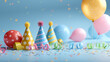© Kubista - Festive Party Scene with Balloons Party Hats and Confetti on Blue Backdrop