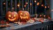 © Kubista - Smiling Jack-O’-Lanterns on Bench with Autumn Leaves and Bokeh