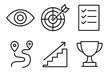 © kamila - Focused effort outline icon set: eye, dartboard, checklist, path, staircase, trophy.