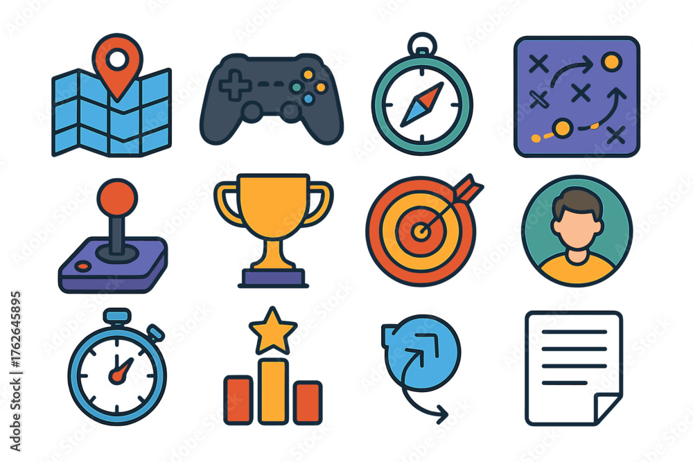 Game Planning flat icons: map grid, controller, compass icon, strategy ...
