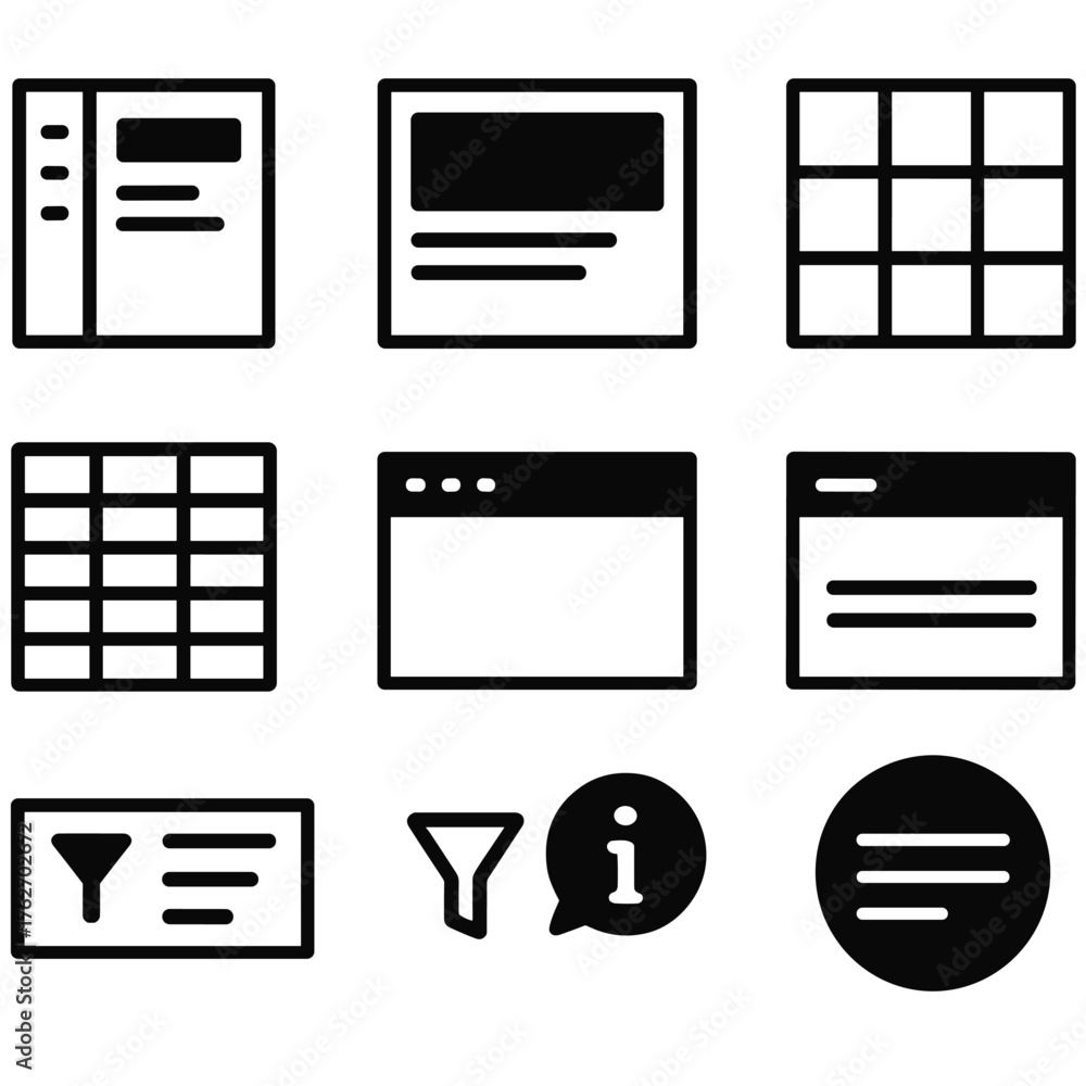 Sortable Header Menu Icon Vector de Stock Web UI Patterns silhouette set: sidebar menu layout ...