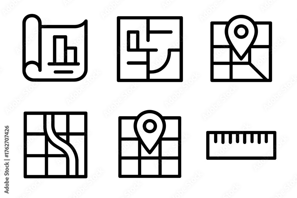 Urban Planning outline icon set: rolled blueprint, building plan ...