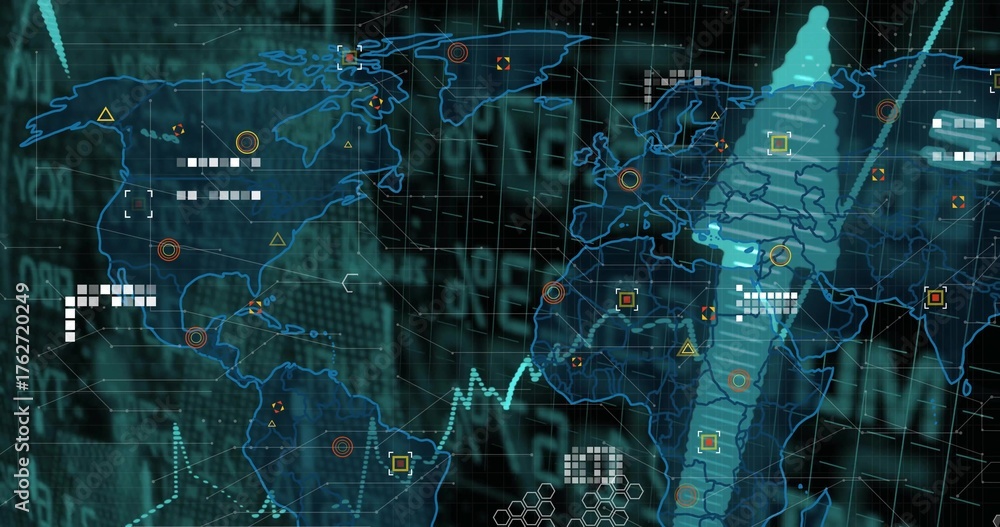 Displaying world map with dynamic line graph and data streams over hex ...
