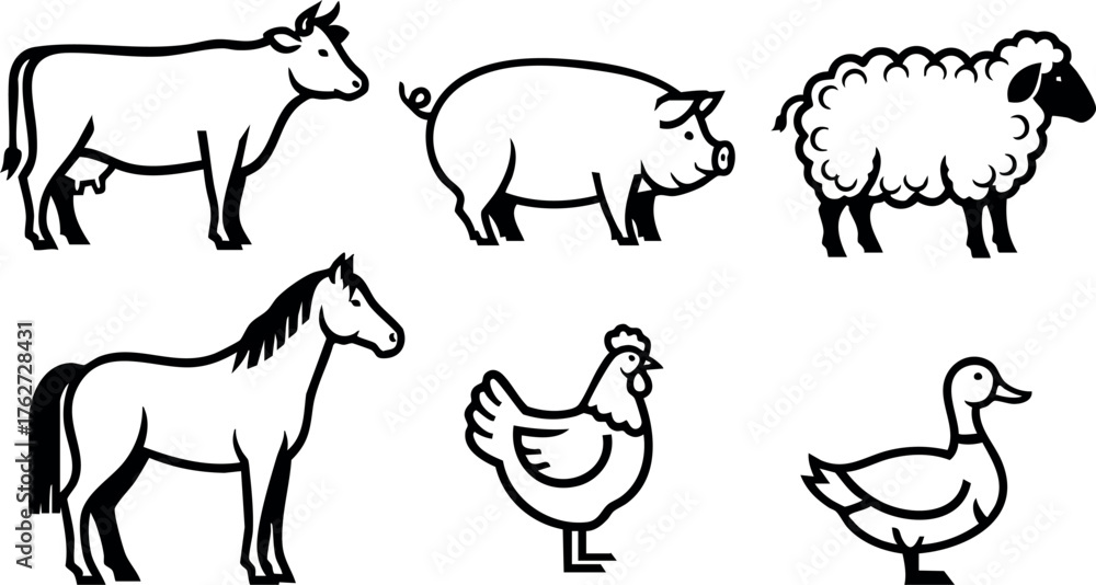 Vector de Stock Farm animals vector set with cow pig sheep horse ...