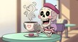 © Hermanto653 - Animated Skeleton Enjoying Coffee with Heart Steam, Macaron, and Beret, Cafe Scene.