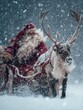 © Johannes - a santa claus with a beard and red costume rides on a sleigh in the snow with reindeer