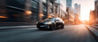 © Fahroni - Electric vehicle accelerating silently through modern city street at golden hour with motion blur showing instant acceleration urban energy and performance for dynamic EV driving capability concept.
