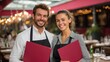 © Johannes - restaurant couple and holiday concept  smiling couple with menus at restaurant no logos no brands ar 169