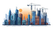 © Rohim - A skyline of buildings in various colors and heights with three construction cranes towering above them set against a yellow sky
