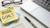 2026 new year goals happy end planning notebook pen laptop glasses
