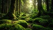 © Hanindya - Lush Green Forest Floor Bathed in Golden Sunlight With Rays Shining Through Trees and Moss Covered Rocks