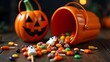 © Zubedmeonk - Halloween Candy and Pumpkin Bucket on Wooden Table