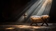 © vetrana - Jesus in a serene manger scene illuminated by gentle rays of light in a quiet, dark setting with a cross in the background