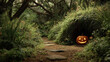 © IndyWingman - A halloween pumpkin in front of the grass tunnel , forest is background.