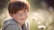 © Sergey - portrait of a smiling boy with freckles on a blurred spring meadow background, soft sunlight, professional glossy photography, shallow depth of field