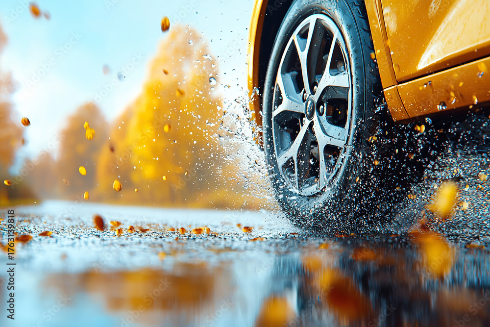 Car tire skids on wet road, splashing water and autumn leaves ...