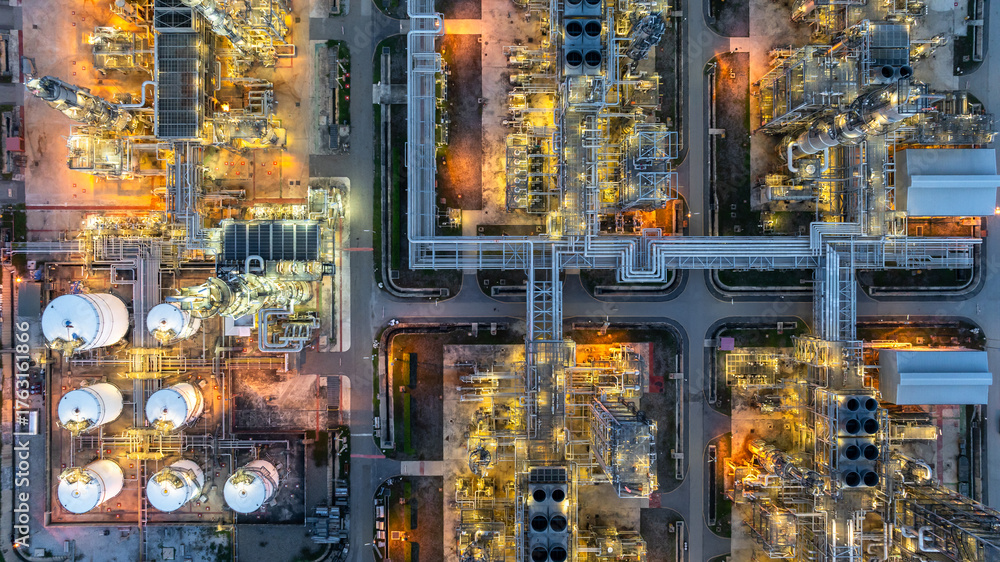 Aerial view Oil and Gas refinery plant at night, Global business energy ...