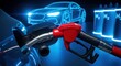 © yevhen89 - Red fuel nozzle refuels car with gas while hydrogen energy storage and modern electric automobile glow