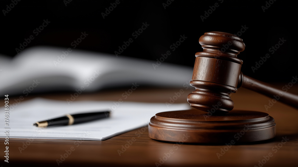 Professional legal workspace scene with gavel, scales of justice, and ...