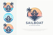 © su - Modern sailboat sailing ship in Sea Ocean Wave, minimalist sailboat vector logo design template