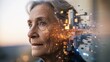 © Kage Dojo - An elderly woman gazes thoughtfully, her profile merging with a cityscape, symbolizing the intersection of age and urban life.